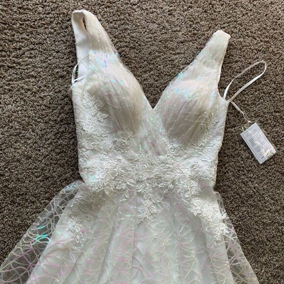 Color Shifting Sequins & Beaded Embroidered Lace Tulle Gown, White Wedding Dress - Picture 16 of 17